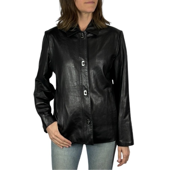 ANNE KLEIN Y2K 90S BLACK LAMBSKIN LEATHER CLASSIC CASUAL RELAXED FIT JACKET - Picture 2 of 14